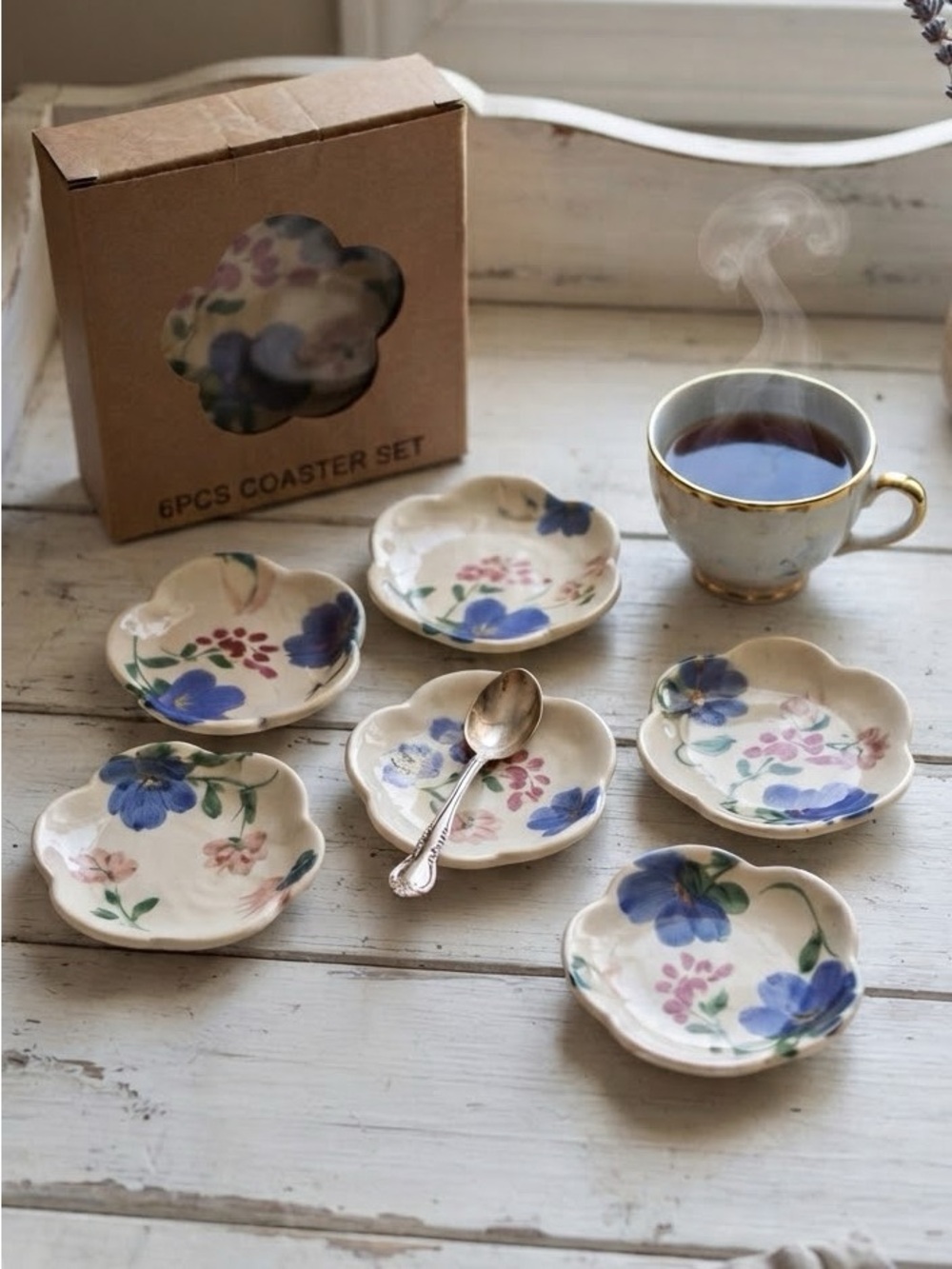 Vintage 6-Piece Japanese Floral Blossom Coaster Set with Original Box